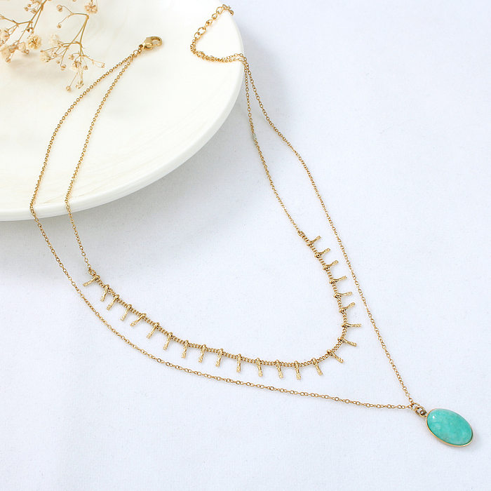Turquoise Oval Pendant Stainless Steel  Double-layer Bohemian Style Necklace Wholesale jewelry