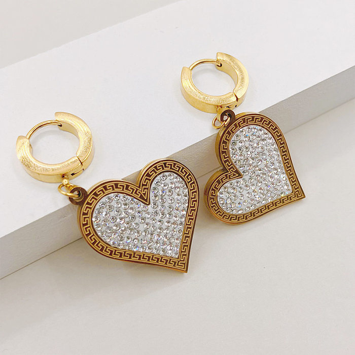Fashion Heart Shape Stainless Steel  Inlay Zircon Drop Earrings 1 Pair