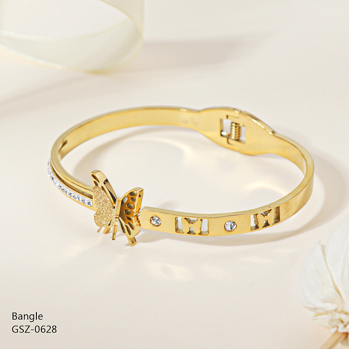 Simple Style Butterfly Stainless Steel Plating Inlay Rhinestones Rose Gold Plated Gold Plated Bangle