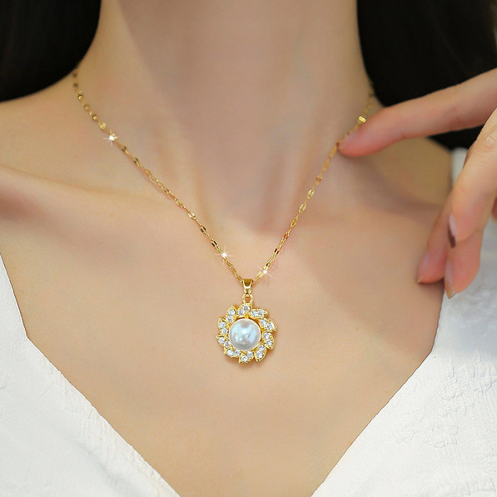Sweet Flower Stainless Steel  Copper Plating Inlay Pearl Zircon Pendant Necklace 1 Piece