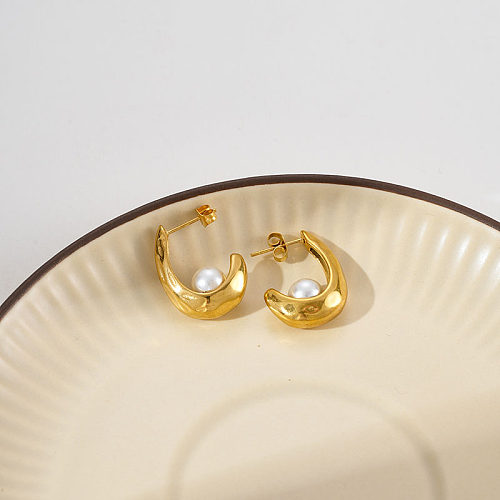 1 par de estilo moderno artístico comute em forma de U chapeamento incrustado de aço inoxidável pérola brincos banhados a ouro