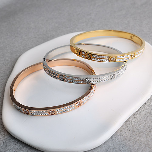 Simple Style Solid Color Stainless Steel Plating Inlay Rhinestones 18K Gold Plated Bangle
