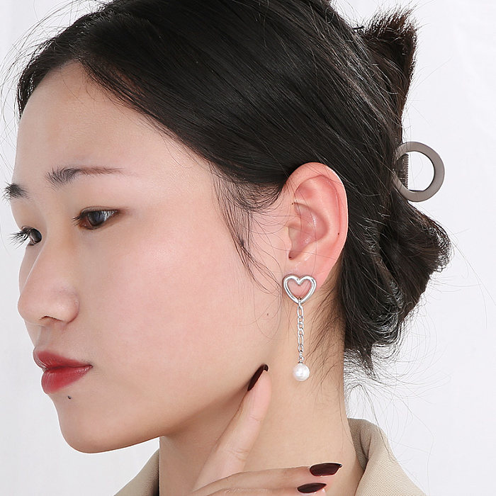 1 paire de boucles d'oreilles en forme de cœur, Style moderne, Streetwear, en acier inoxydable, plaqué perles, goutte d'eau