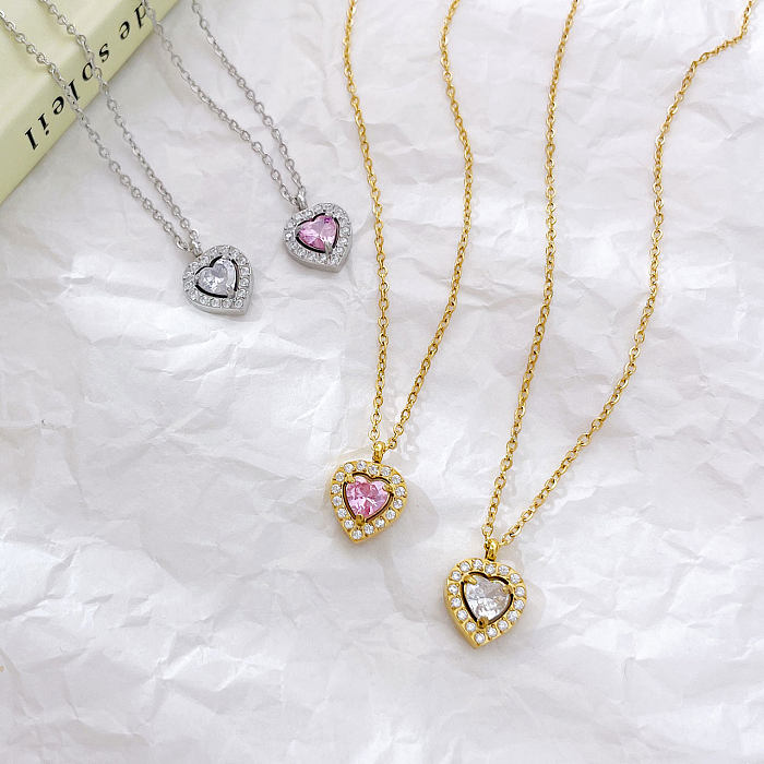 Simple Style Heart Shape Stainless Steel  White Gold Plated Gold Plated Zircon Pendant Necklace In Bulk