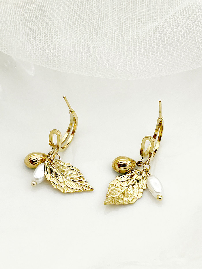 Boucles d'oreilles pendantes élégantes, feuilles douces, incrustation de perles, en acier inoxydable, plaqué or, 1 paire