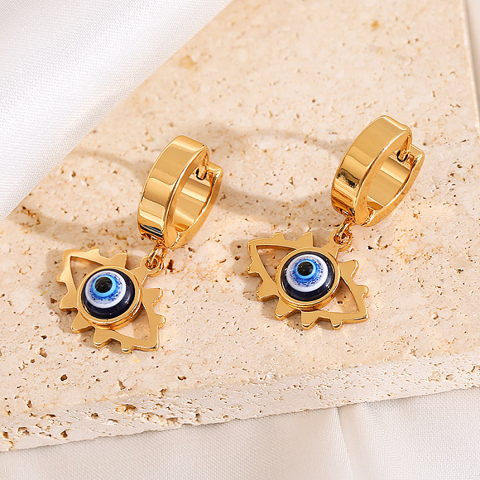 1 paire de boucles d'oreilles élégantes et luxueuses en forme d'oeil de reine sculptées en acier inoxydable plaqué or