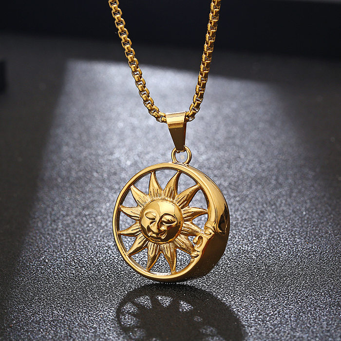 Hip-Hop Sun Moon Stainless Steel Plating Hollow Out Pendant Necklace