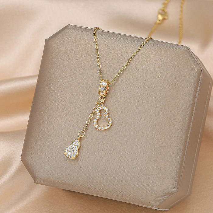 Formal Sweet Heart Shape Bow Knot Fish Bone Stainless Steel Plating Hollow Out Inlay Opal Shell Zircon Pendant Necklace
