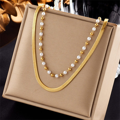 Modische mehrschichtige Halsketten mit Perlen-Edelstahlbeschichtung, 1 Stück