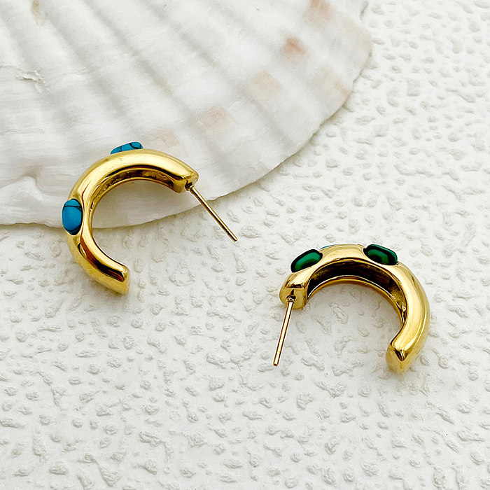 1 Pair Vintage Style Sweet C Shape Plating Inlay Stainless Steel  Turquoise Gold Plated Ear Studs