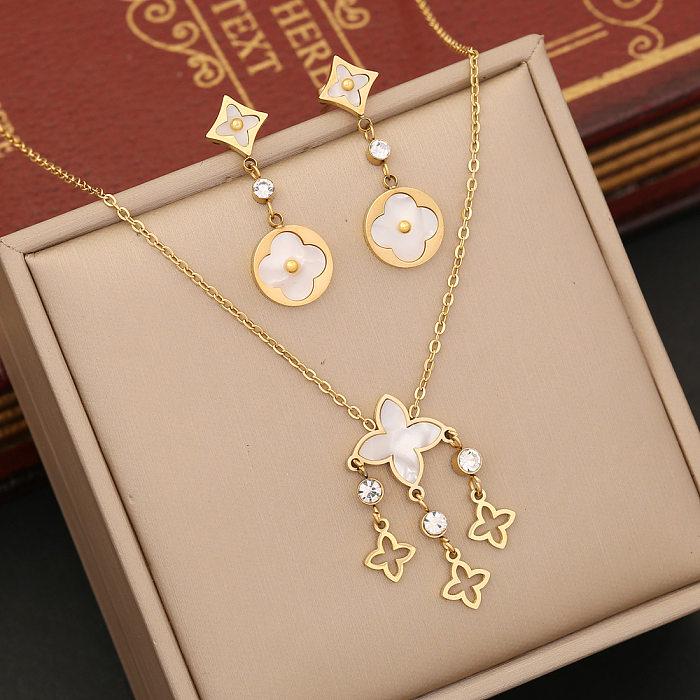 Elegant Simple Style Flower Stainless Steel  Plating Hollow Out Inlay Shell Zircon Pendant Necklace