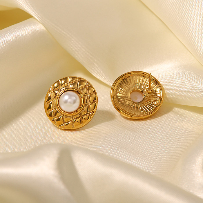 Schlichter Stil, runde Perlen-Ohrstecker mit Edelstahlbeschichtung, 1 Paar