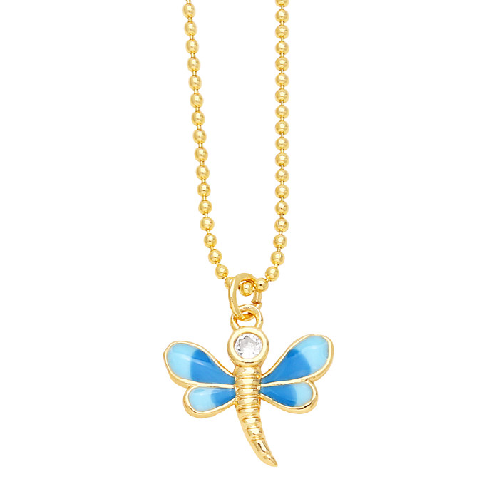 Modern Style Dragonfly Stainless Steel  Copper Enamel Plating 18K Gold Plated Pendant Necklace
