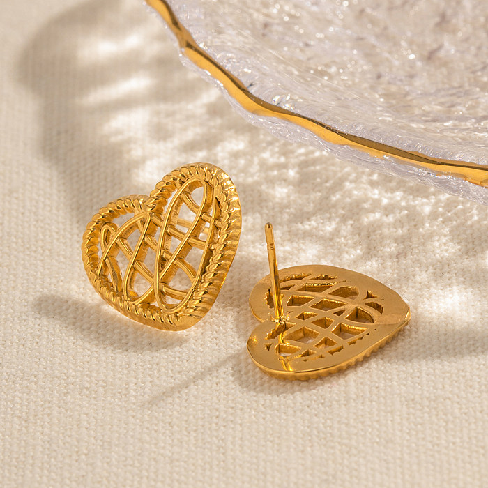 1 par de brincos em forma de coração estilo simples, aço inoxidável banhado a ouro 18K