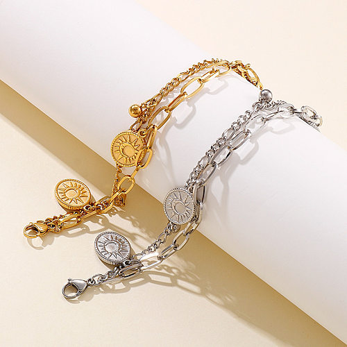 Bracelet à Double chaîne en acier inoxydable pour femmes, pendentif ovale, lune et soleil, européen et américain