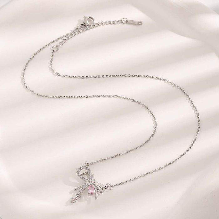 Glam Luxurious Simple Style Bow Knot Stainless Steel Plating Inlay Zircon Pendant Necklace