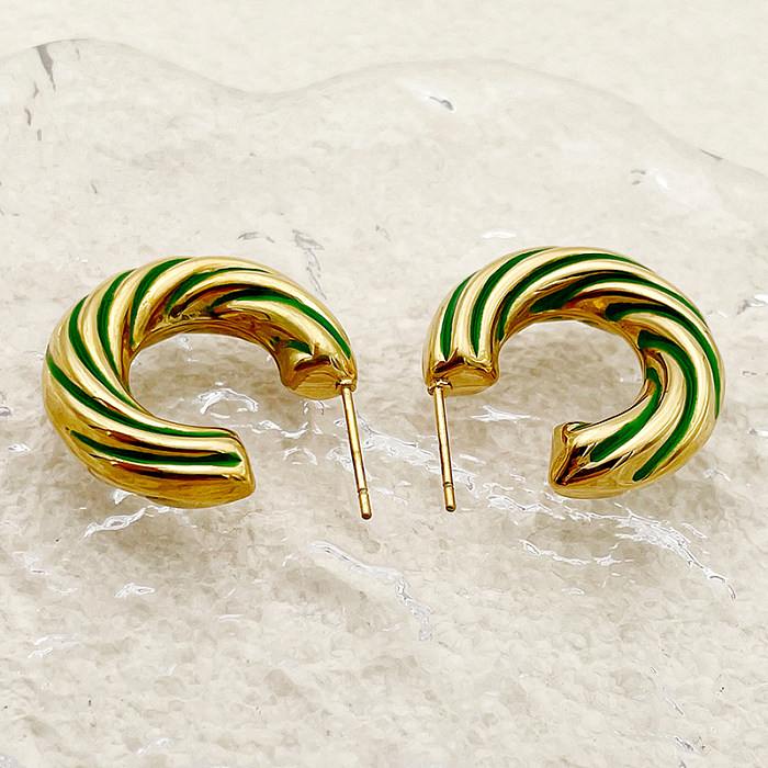 1 Paar elegante, schlichte C-förmige Spiralstreifen-Edelstahl-Ohrringe mit Emaille-Beschichtung, vergoldet