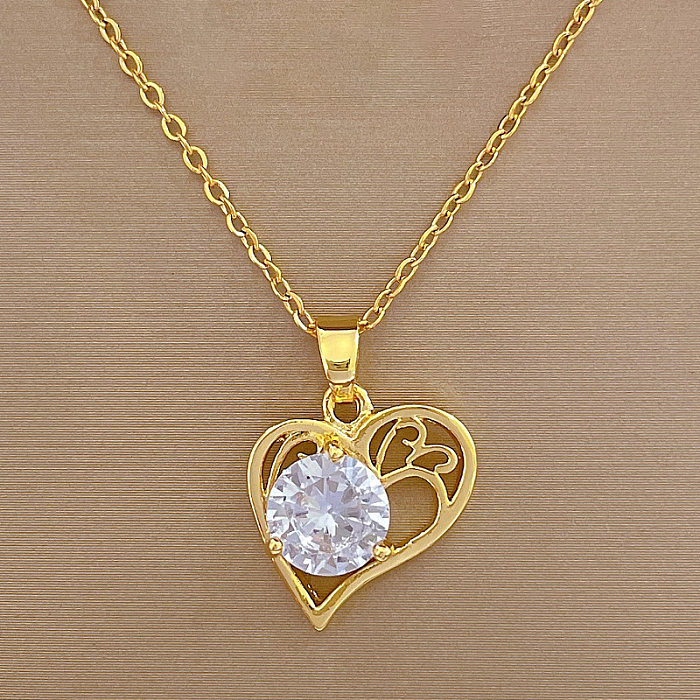 Doce coração em forma de aço inoxidável chapeamento de cobre embutido zircão colar pingente banhado a ouro