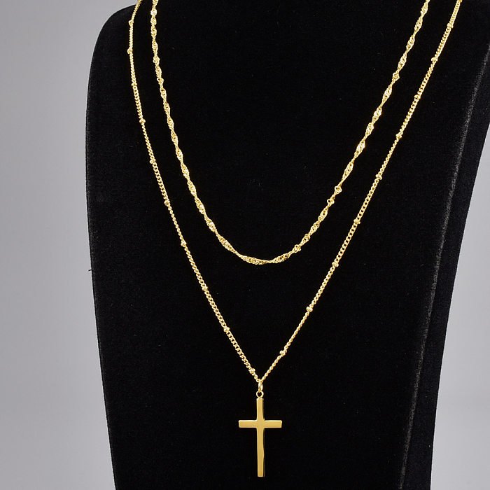 L253 Wholesale Double Layer Cross Plated 18K Gold Stainless Steel Necklace European And American Style Fashion Short Necklace Female Style