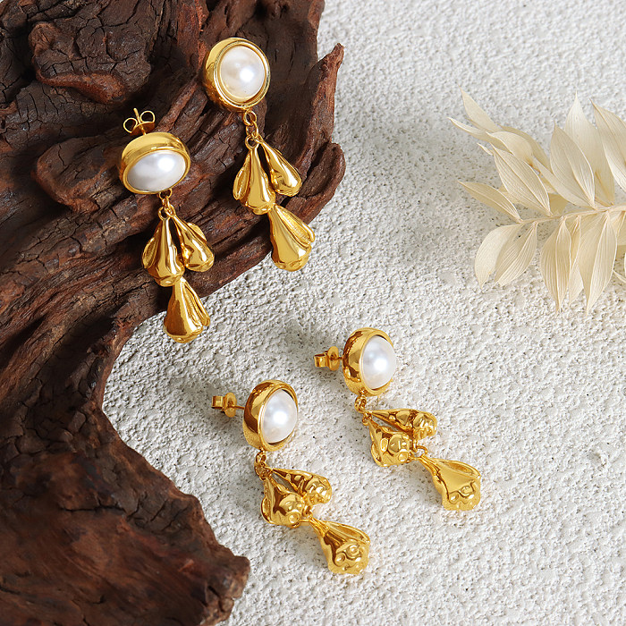 1 par de elegantes pendientes redondos chapados en oro de 18 quilates con incrustaciones de perlas artificiales de acero inoxidable