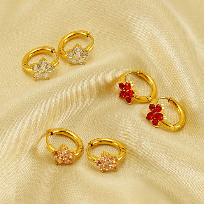 1 Pair Elegant Retro Flower Plating Inlay Stainless Steel  Zircon 18K Gold Plated Earrings