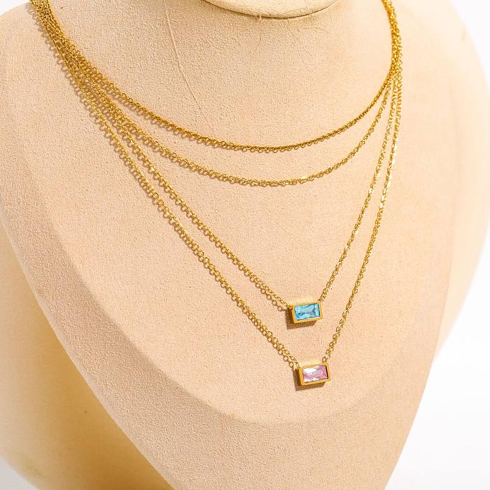 Simple Style Rectangle Stainless Steel Plating Inlay Birthstone Zircon 18K Gold Plated Layered Necklaces