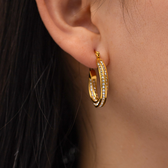 Boucles d'oreilles en forme de cercle en acier inoxydable, incrustation de perles artificielles en Zircon, 1 paire
