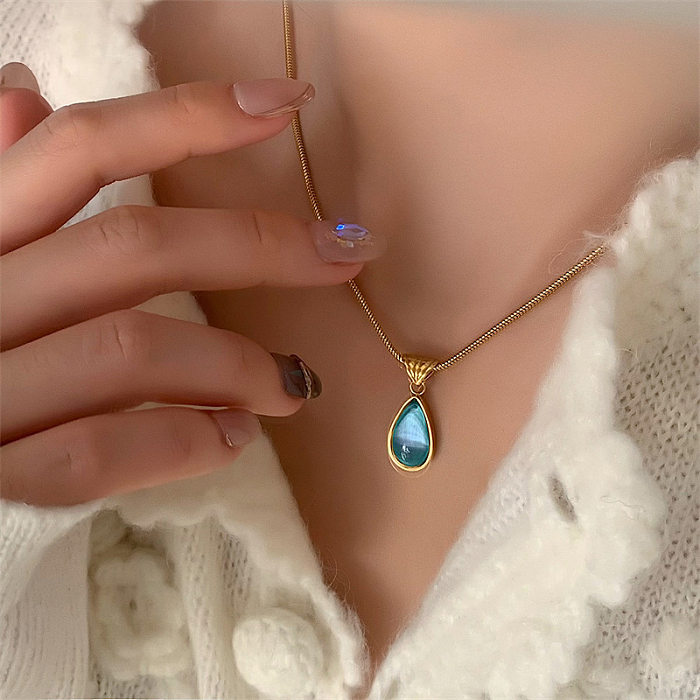 Classic Style Streetwear Water Droplets Stainless Steel  Plating Inlay Artificial Crystal 18K Gold Plated Pendant Necklace