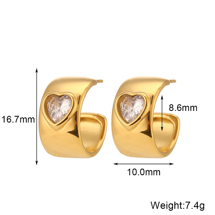 1 paire de clous d'oreilles en forme de cœur en forme de C, incrustation en acier inoxydable, Zircon