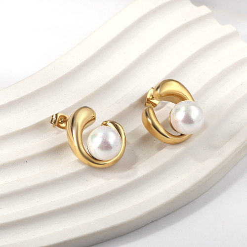 1 Pair Elegant Retro Pentagon Spiral Stripe Plating Inlay Stainless Steel  Zircon Gold Plated Earrings