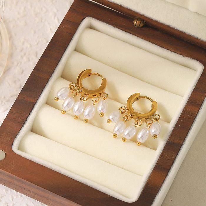 1 par de pendientes colgantes chapados en oro de 18 quilates con perlas artificiales de acero inoxidable chapado en borlas estilo Vintage estilo IG
