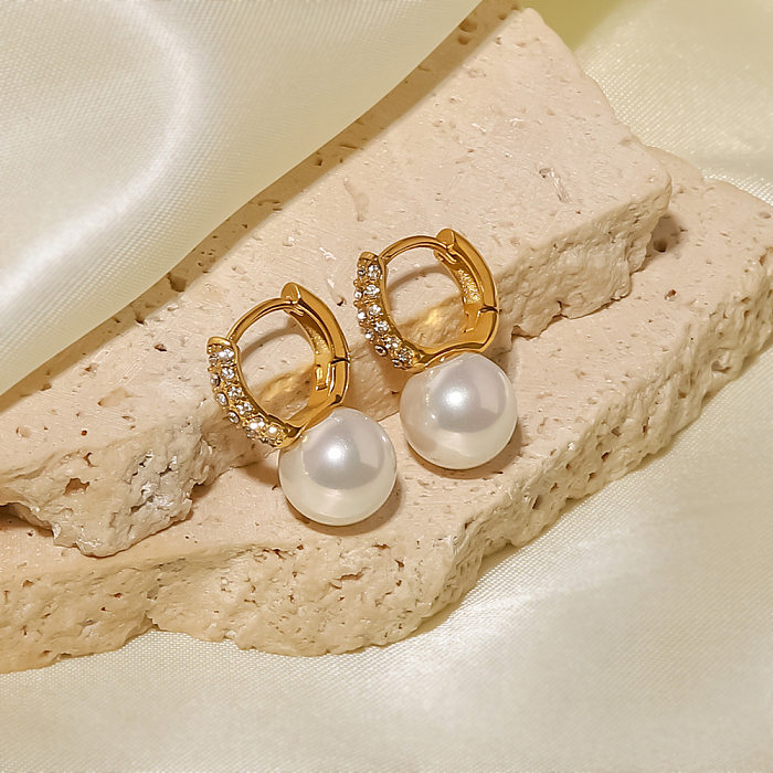 Pendientes circulares de acero inoxidable de estilo simple Pendientes de acero inoxidable con incrustaciones de perlas y circón 1 par