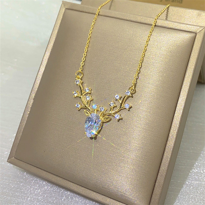 Casual Simple Style Elk Stainless Steel Plating Inlay Zircon Necklace