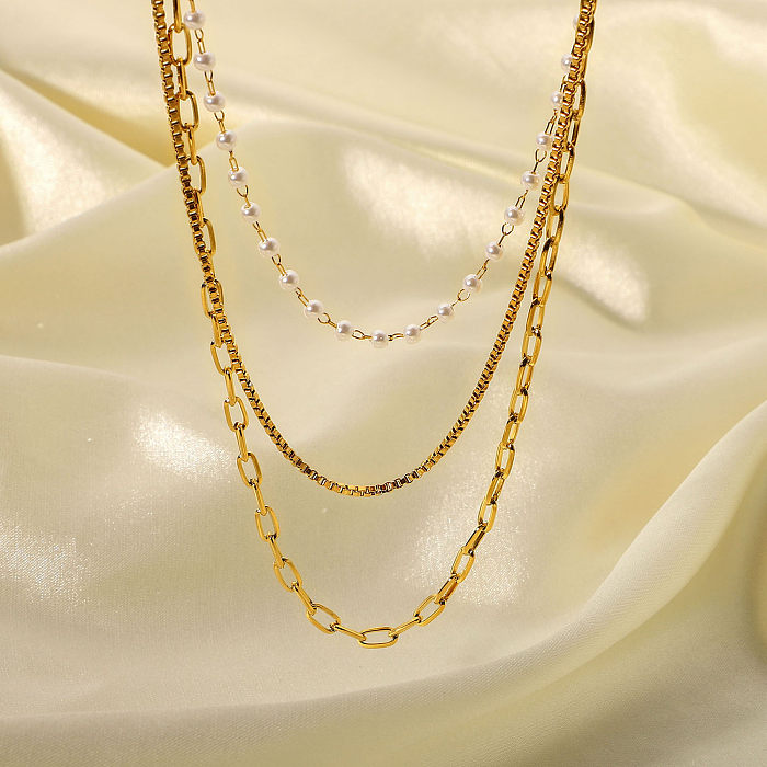 Fashion 18K Gold Stainless Steel  Small Pearl Chain Three-Layer Necklace Women