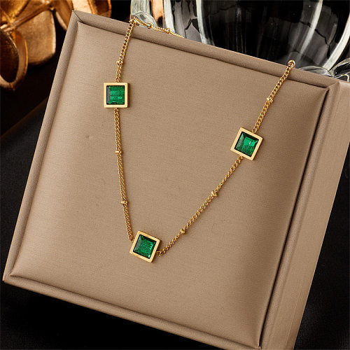 Retro Square Stainless Steel Inlay Artificial Gemstones Necklace 1 Piece