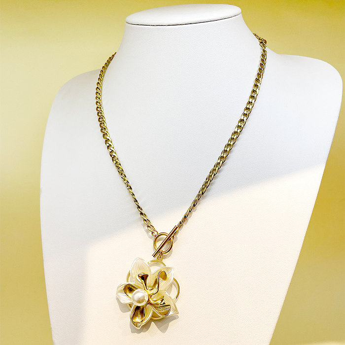 Classical Vintage Style Sweet Flower Stainless Steel  Plating Gold Plated Pendant Necklace