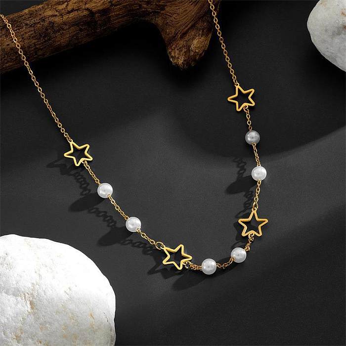 Elegant Simple Style Four Leaf Clover Star Butterfly Stainless Steel Plating Hollow Out Inlay Artificial Pearls Necklace