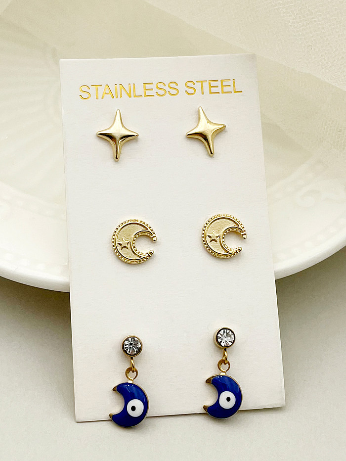 1 ensemble décontracté doux Style Simple étoile lune émail placage incrustation en acier inoxydable perles artificielles Zircon plaqué or clous d'oreille