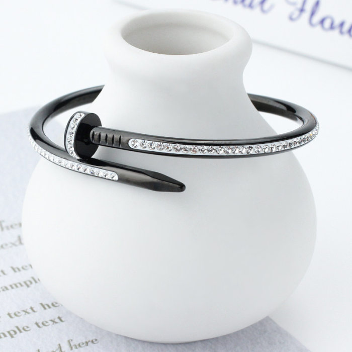 Hip-Hop Retro Solid Color Stainless Steel Inlay Zircon Bangle