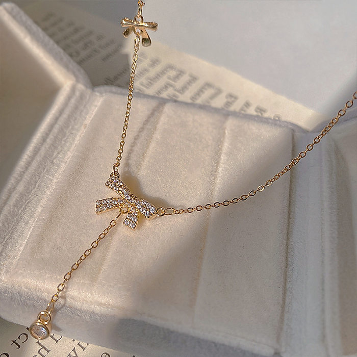 Shiny Bow Knot Stainless Steel Plating Inlay Zircon Gold Plated Necklace