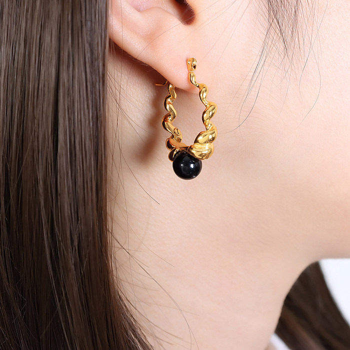 Boucles d'oreilles rétro à rayures spirales, 1 paire, placage en acier inoxydable, incrustation de perles de verre, plaqué or 18 carats