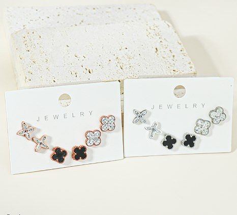 3 paires de style simple trèfle à quatre feuilles lettre fleur placage incrustation en acier inoxydable strass plaqué or rose clous d'oreille plaqués argent