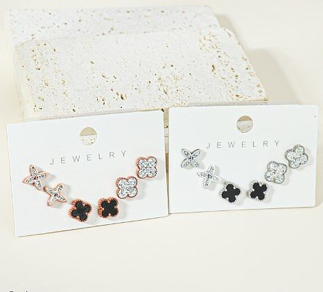 3 Pairs Simple Style Four Leaf Clover Letter Flower Plating Inlay Stainless Steel  Rhinestones Rose Gold Plated Silver Plated Ear Studs