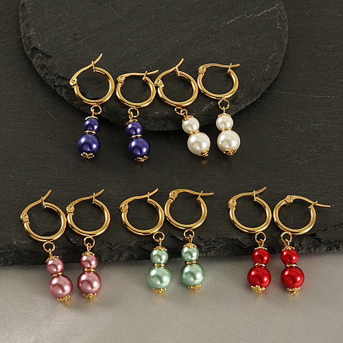 1 paire de boucles d'oreilles pendantes élégantes et classiques en acier inoxydable plaqué or 18 carats avec perles rondes