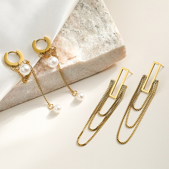 1 par de pendientes colgantes chapados en oro de 18 quilates de acero inoxidable con perlas de imitación y borlas de estilo sencillo