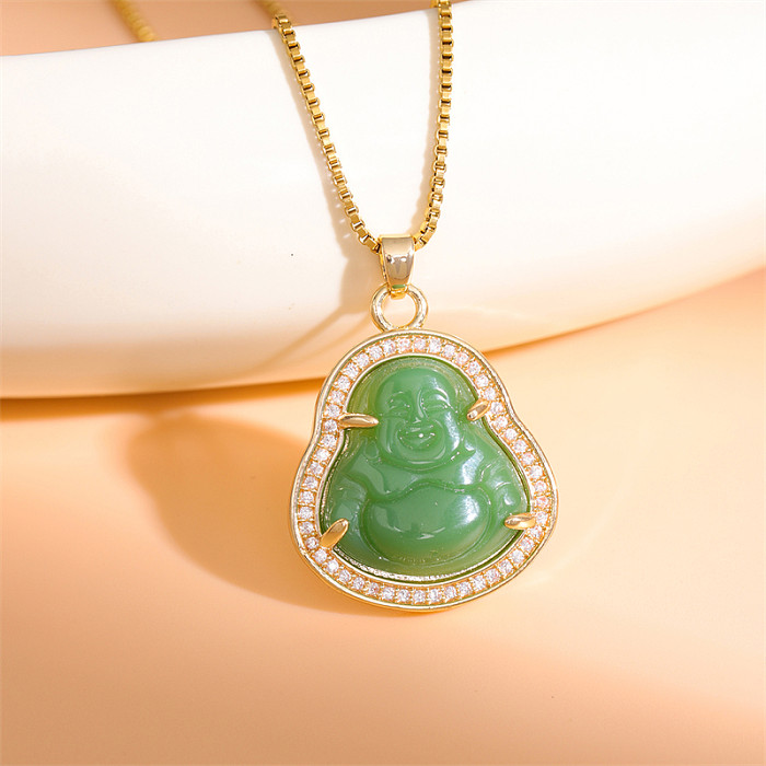 Classical Portrait Stainless Steel  Stainless Steel Plating Inlay Jade Zircon 18K Gold Plated Gold Plated Pendant Necklace