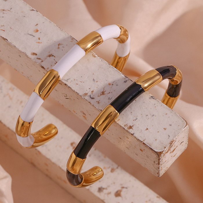 Simple Style Classic Style C Shape Color Block Stainless Steel Enamel Plating 18K Gold Plated Cuff Bracelets