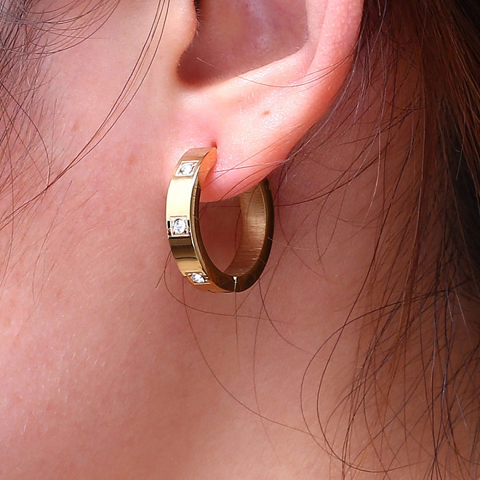 1 Pair Korean Style Solid Color Stainless Steel Inlay Artificial Gemstones Hoop Earrings