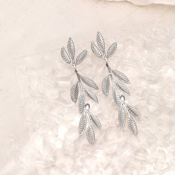 1 paire de boucles d'oreilles pendantes en acier inoxydable plaqué or, Style Simple, feuilles plaquées