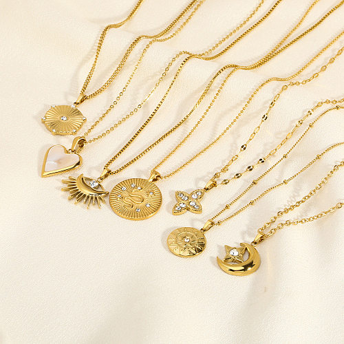 Collier pendentif en forme de cœur et de lune pour femme, en acier inoxydable, incrustation de pierres précieuses artificielles, plaqué or